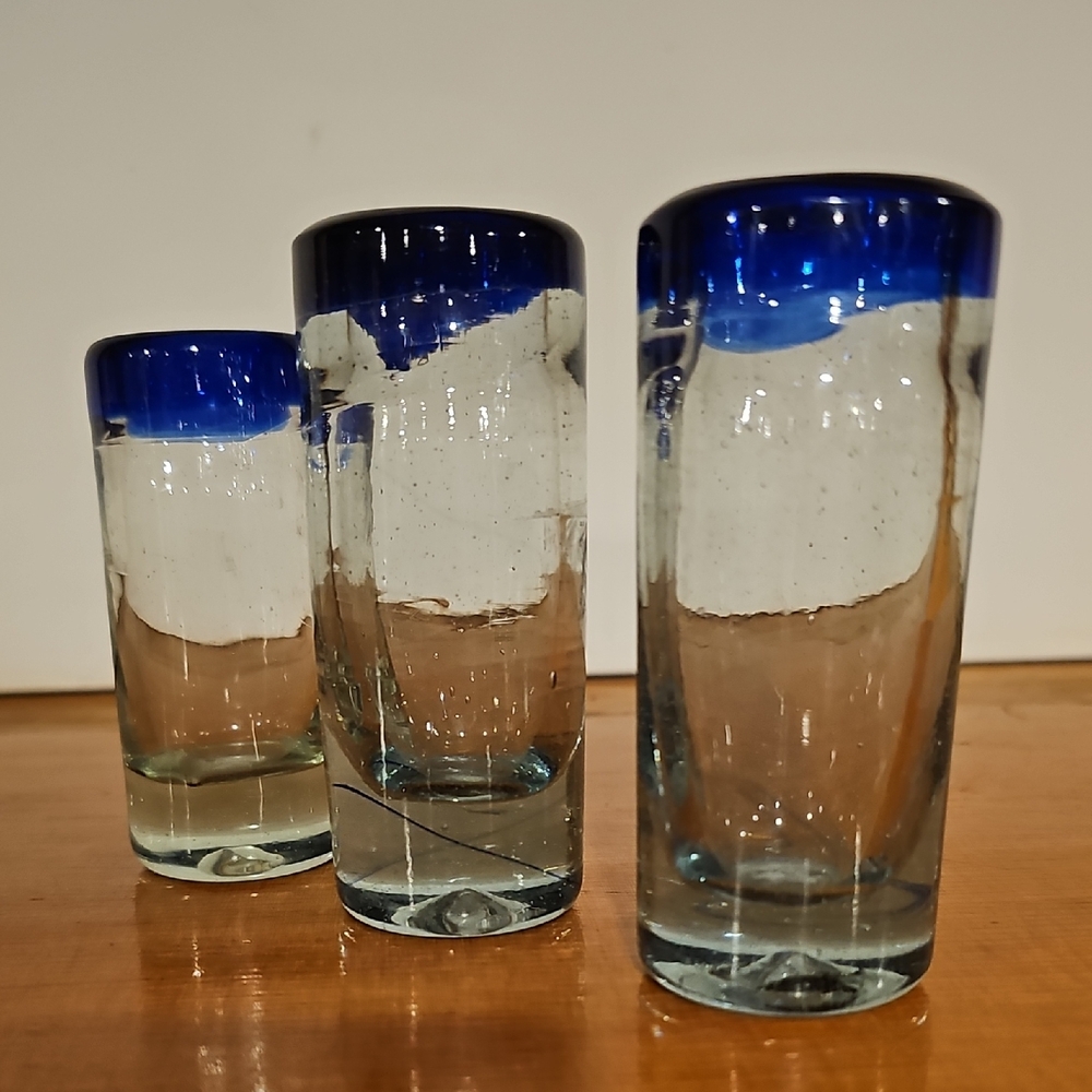 Set of 3 Handblown Glass Shot Glasses with Cobalt Blue Rim - Picture 4 of 5